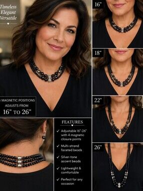 Adjustable 16"-26" 4-Magnet Faceted Bead Necklace Multi Strand Silver Tone